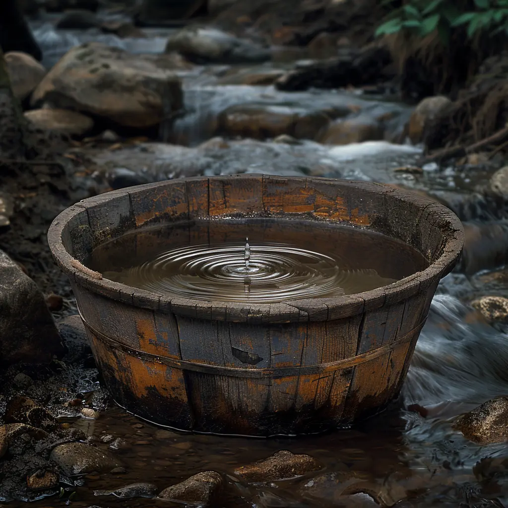 Weathered wooden bucket by creek, filled with clear water reflecting dusk. A tear drops in, creating ripples.