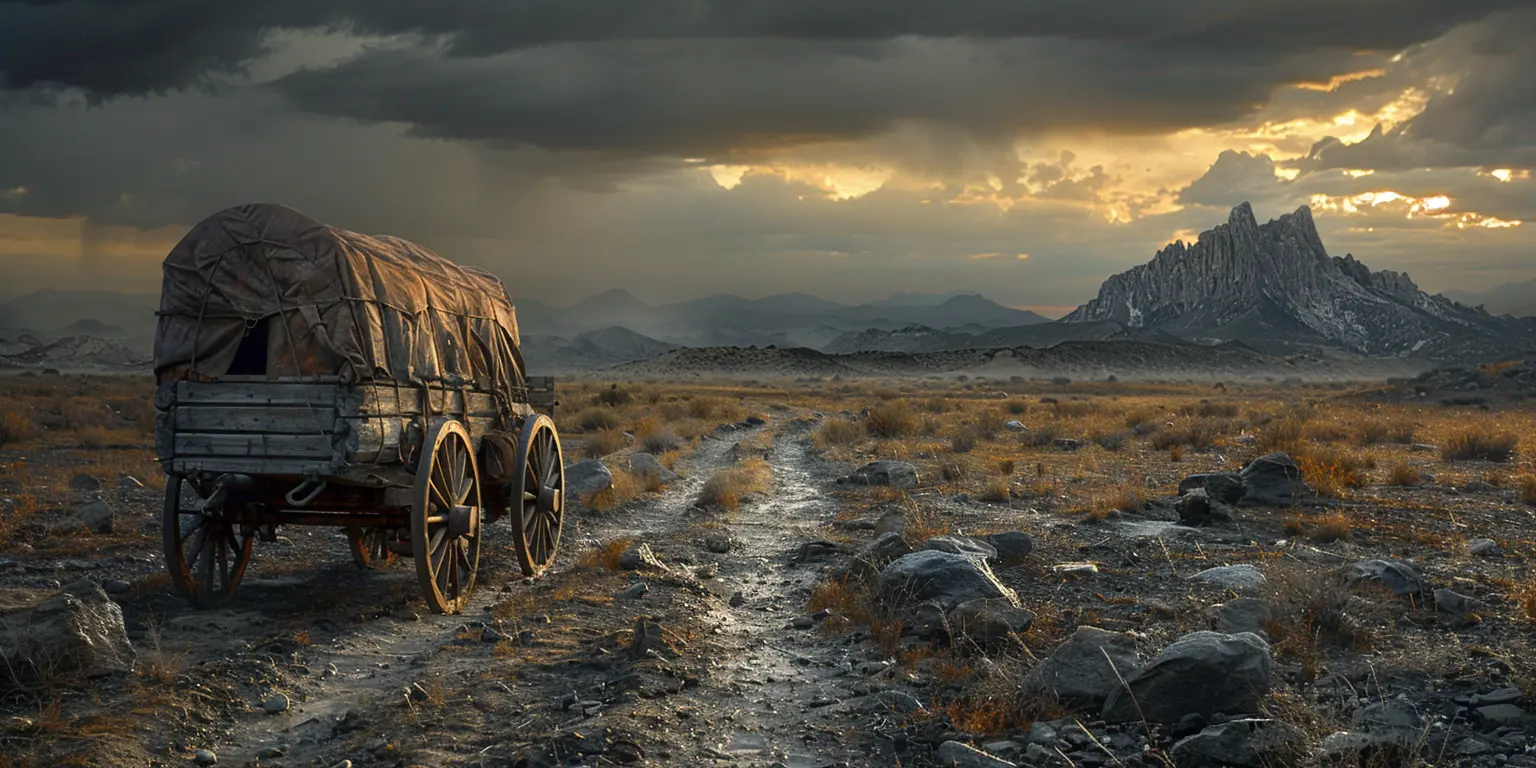 Wagon train on dusty Oregon Trail at sunset, Rocky Mountains in distance