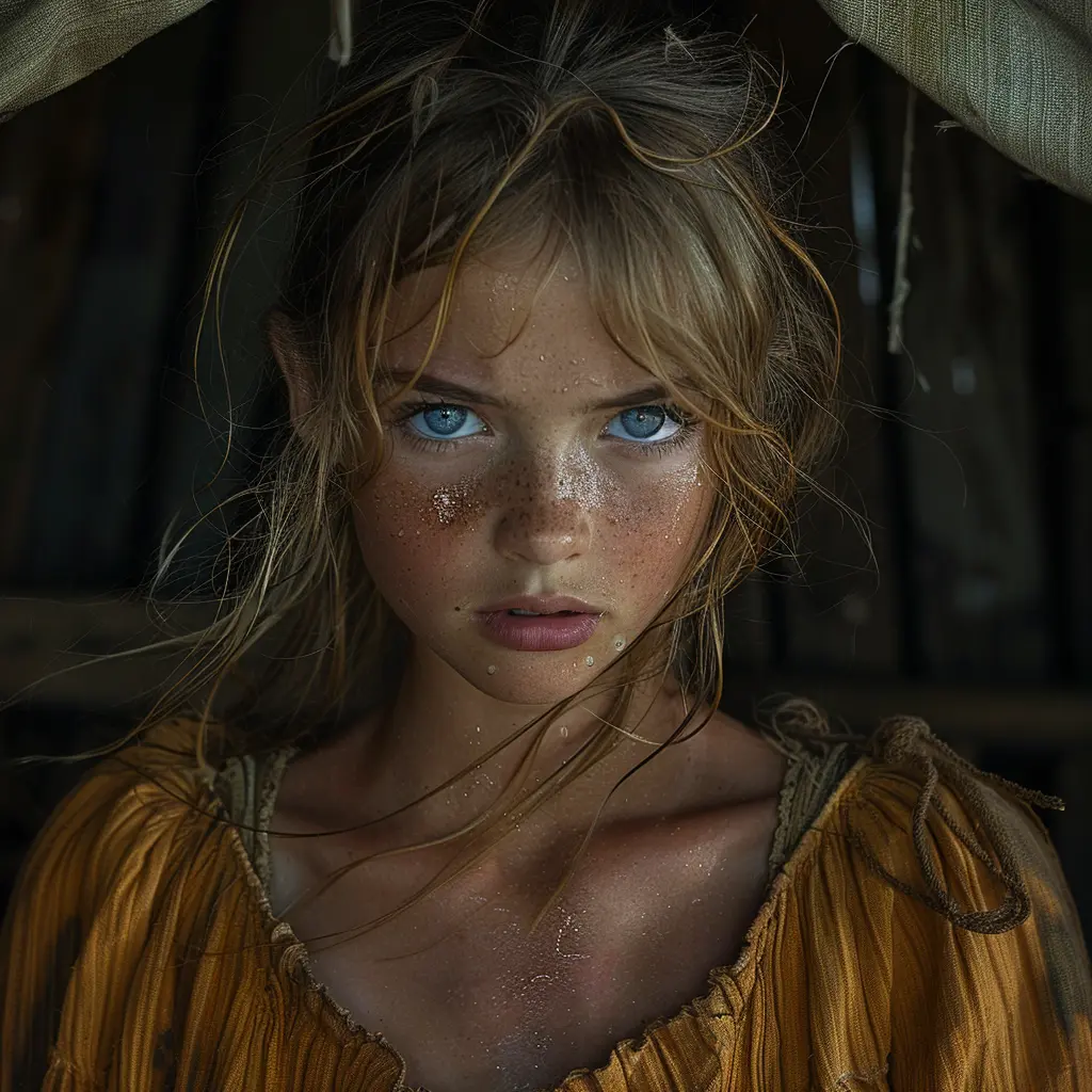 Tearful 12-year-old pioneer girl with blue eyes in covered wagon, looking lonely against prairie sunset