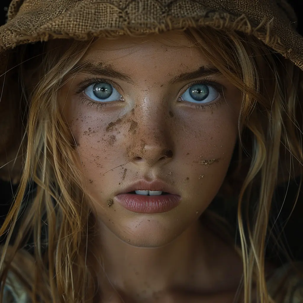 Young girl on Oregon Trail, sun-bleached hair, blue eyes show hope and determination, face dirty but resilient