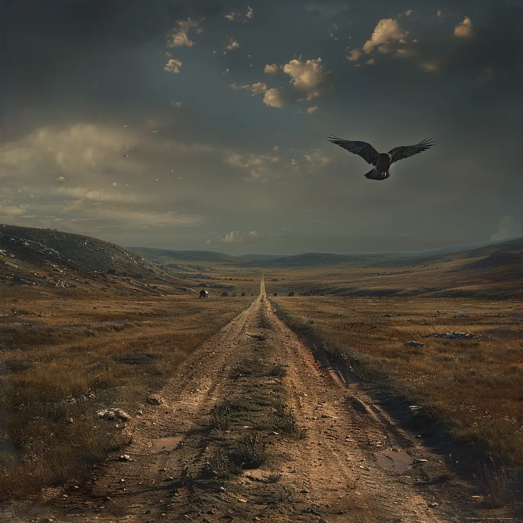 Bird's-eye view of Oregon Trail: wagon train dots golden prairie, winding path to horizon, falcon soaring above