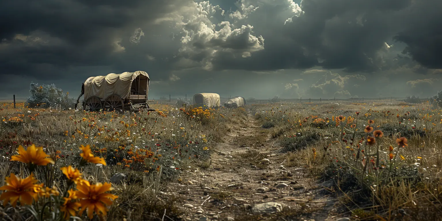 Golden prairie with Oregon Trail cutting through. Distant wagon train on horizon. Wildflowers dot foreground.