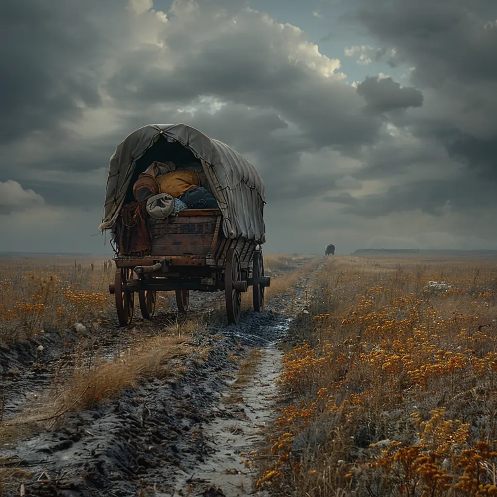Aerial view of wagon train on vast prairie, focusing on 12-year-old Sarah gazing from the back of a covered wagon.