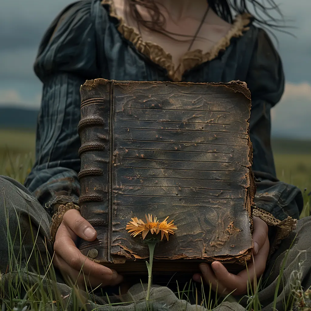 Open leather journal in prairie grass, pages filled with faded writing. Pressed wildflower between pages.