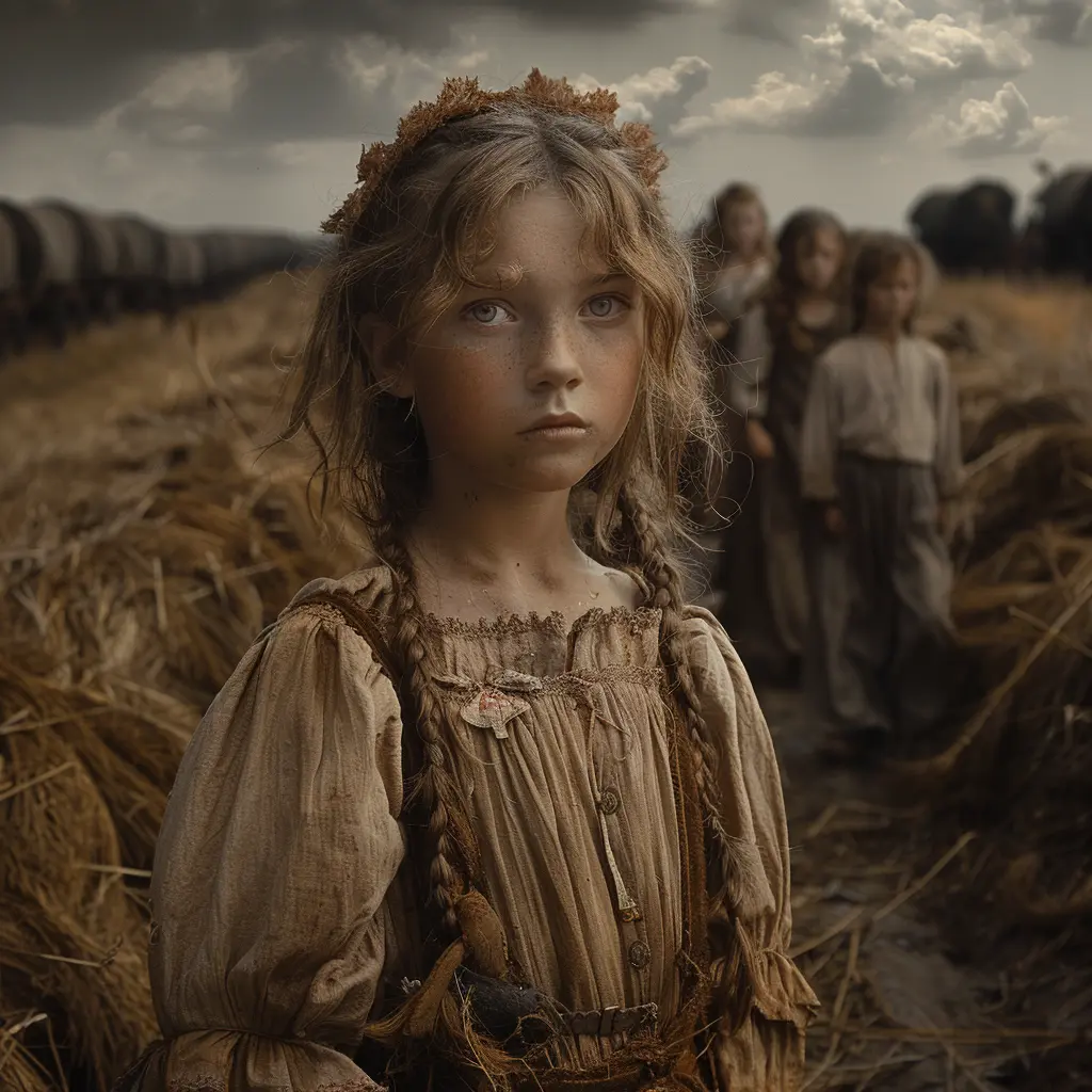 Oregon Trail wagons on prairie. Lonely girl with rag doll watches other children play.<br>