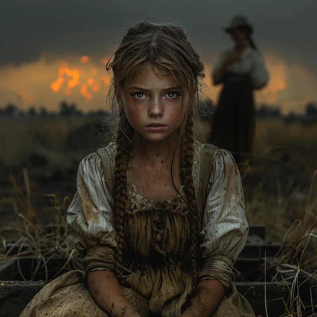 Aerial view of wagon train crossing vast prairie, one wagon lagging behind, hiding a small, anxious figure inside.