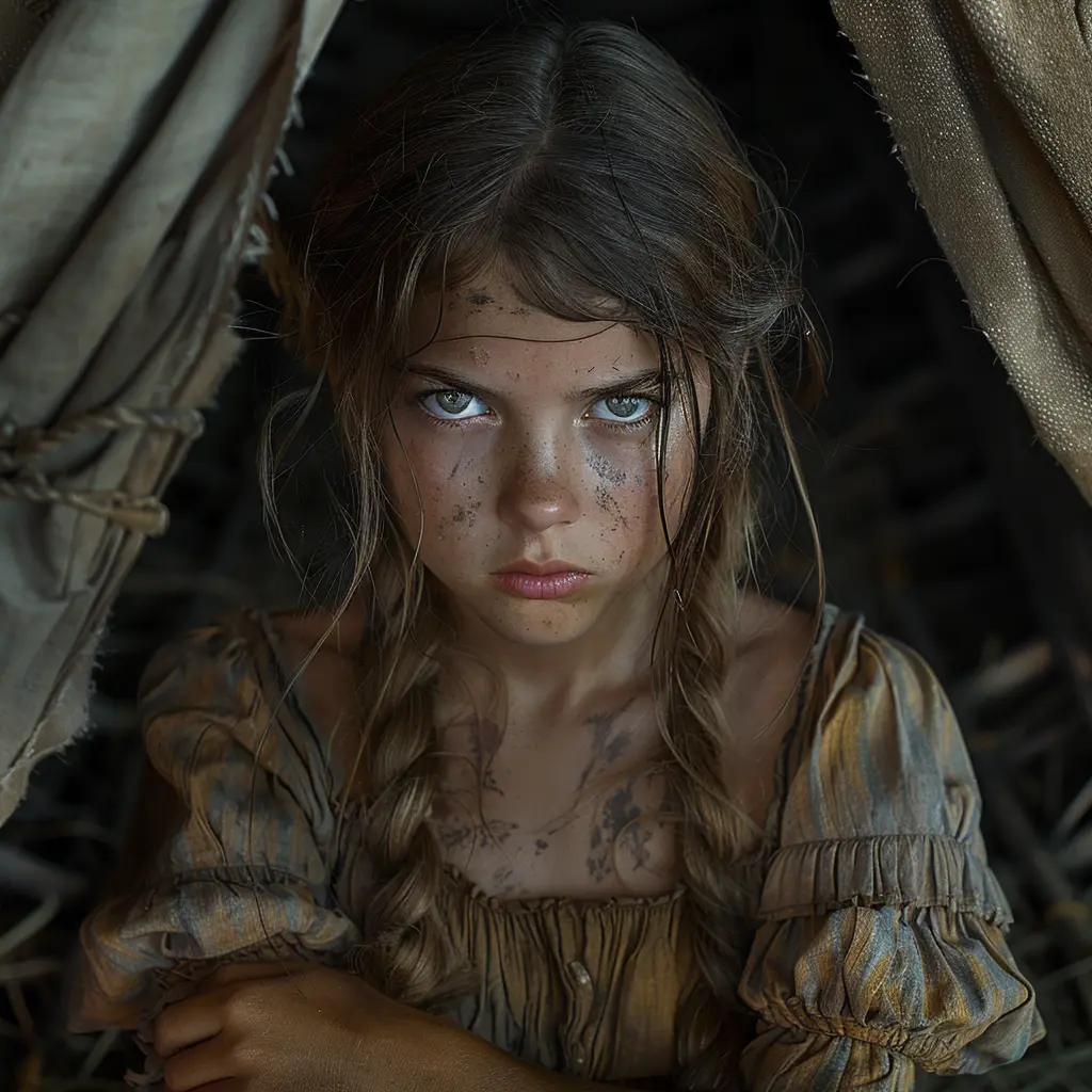 Tearful 11-year-old girl with tangled hair in worn dress, looking frustrated and homesick on Oregon Trail wagon