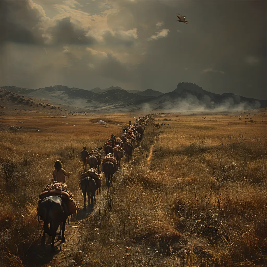 Aerial view of wagon train crossing prairie, tiny pioneers and oxen visible, distant mountains on horizon.