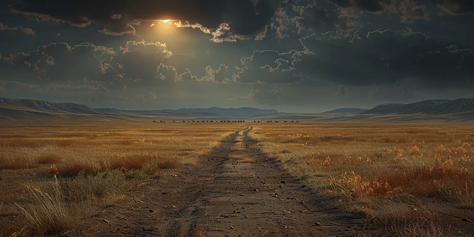Sun-baked prairie with Oregon Trail ruts, covered wagons in distance under vast sky at golden hour