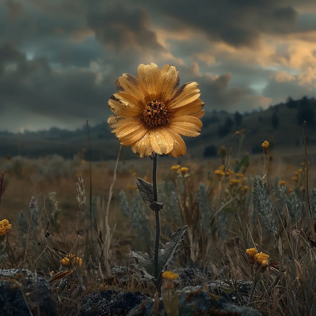 Solitary wildflower defies harsh prairie winds, fragile beauty mirrors young Eliza's resilience on the wagon trail westward