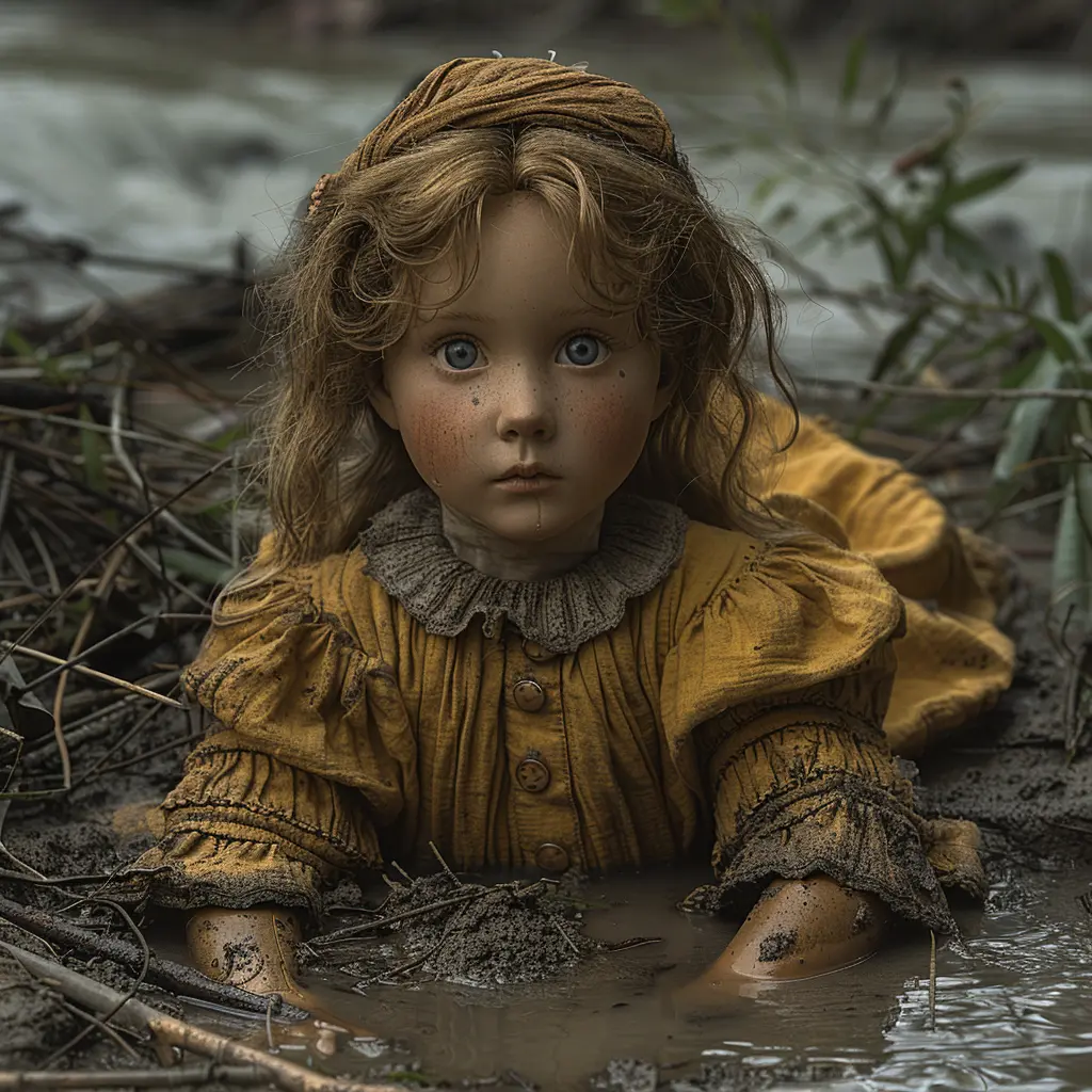 Weathered rag doll in muddy shallows, faded and tangled in reeds, with button eyes staring skyward.