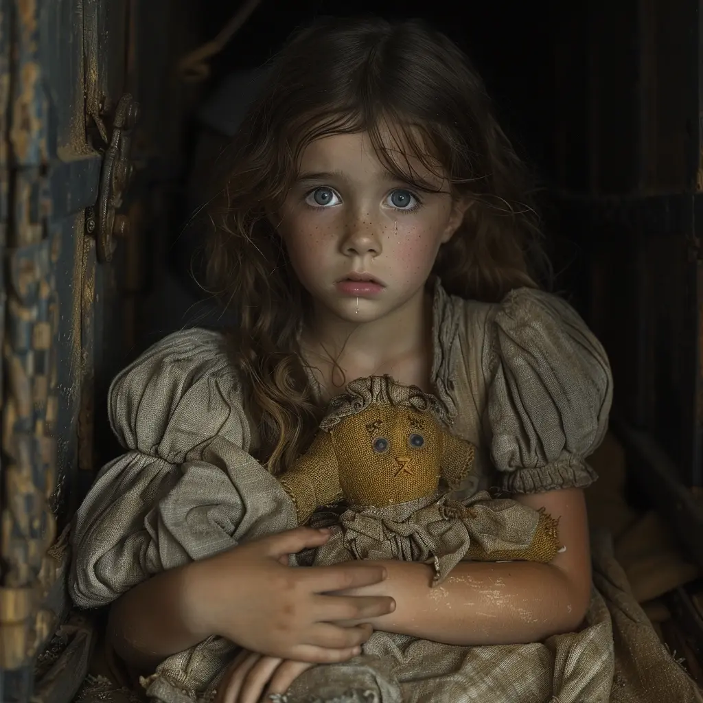 Young girl clutches doll, hollow eyes reflecting loss, tattered dress hanging limply as tear traces ashen cheek, glimmer of hope.