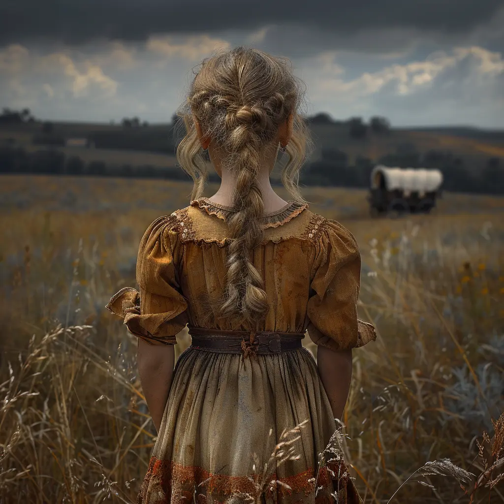 Young pioneer girl stands in prairie, covered wagon in distance. Vast landscape conveys journey and emotional struggle.