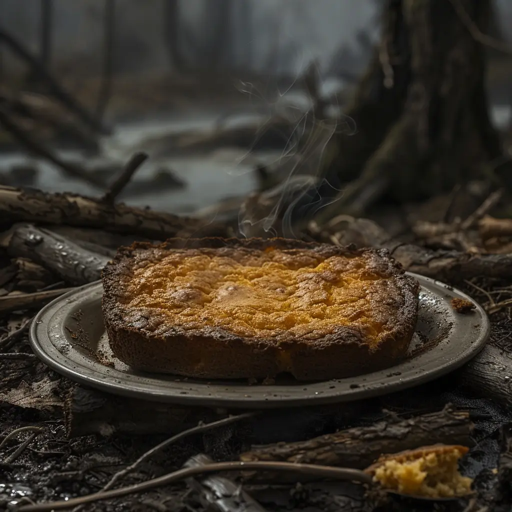 Steaming, cracked cornbread on a dented tin plate, symbolizing pioneer life and makeshift cooking on the Oregon Trail.