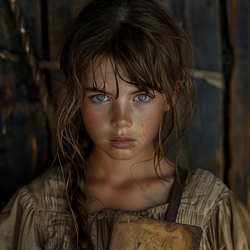 Young pioneer girl with tousled hair clutches sketchbook, gazing off-camera with mixed emotions at sunset