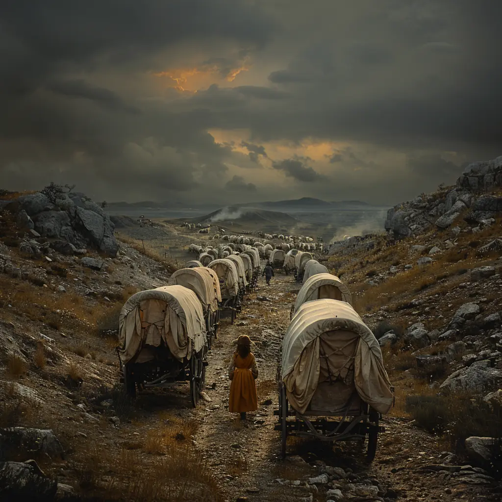 Aerial view of Oregon Trail: covered wagons circled for night, lone girl on hill overlooking camp at dusk.