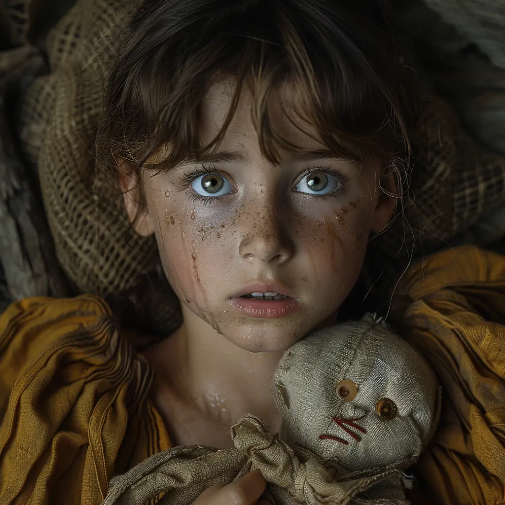 Close-up of dusty, tearful young girl clutching rag doll, empty prairie in background, depicting Dust Bowl hardship