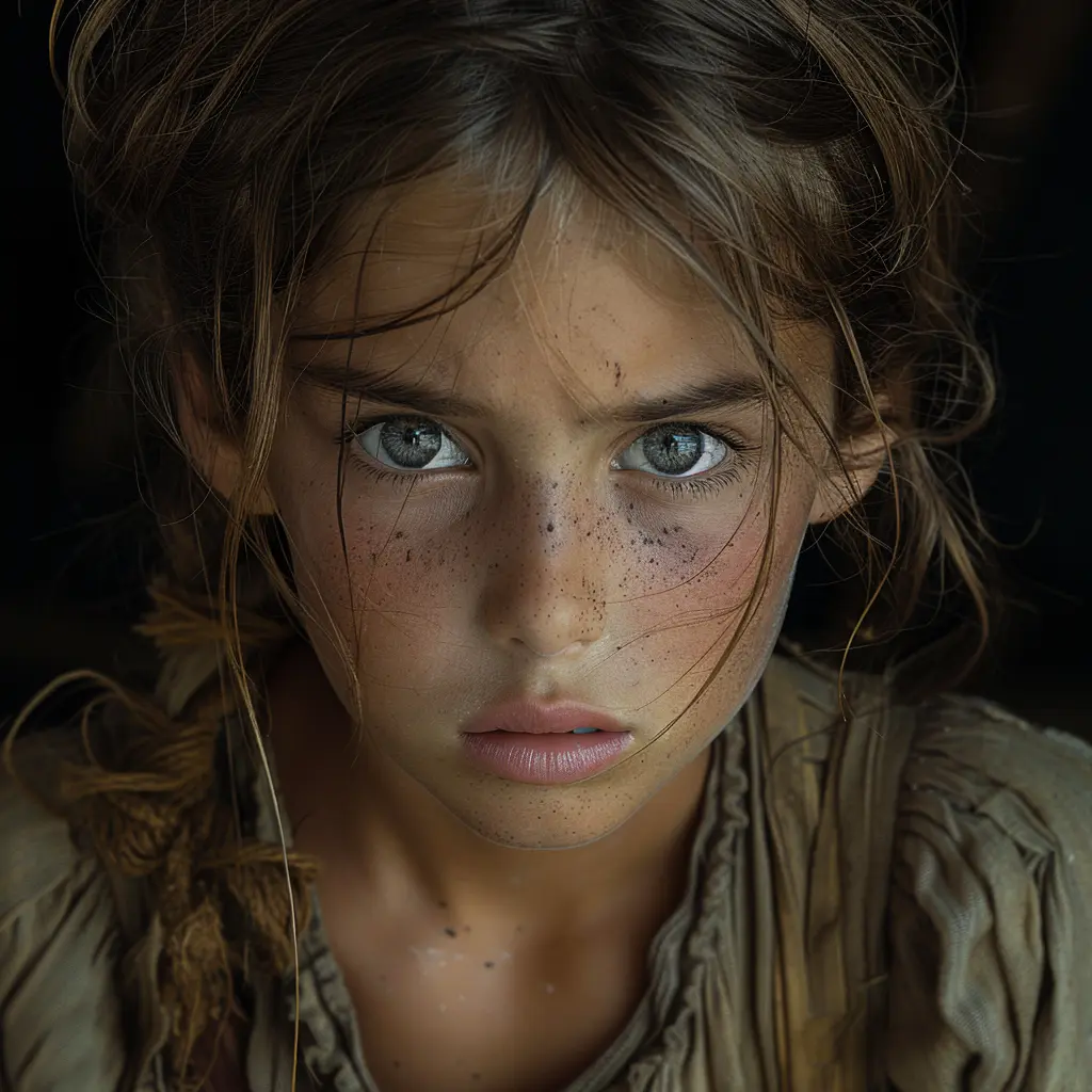 Tired 11-year-old pioneer girl with anxious gaze, tousled hair, and worn dress on Oregon Trail