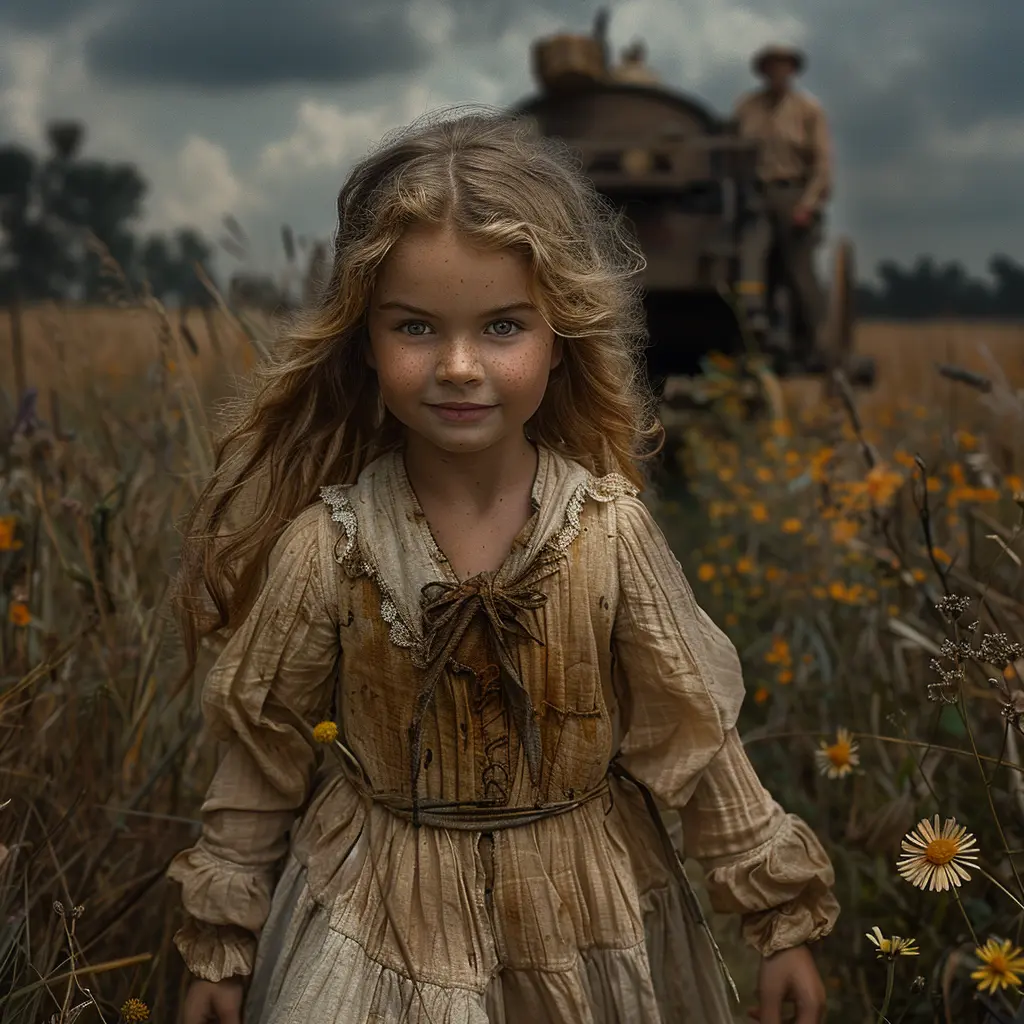 Bird's-eye view of prairie with wagon train. Close-up on excited 9-year-old girl in calico dress, taking in vast horizon.
