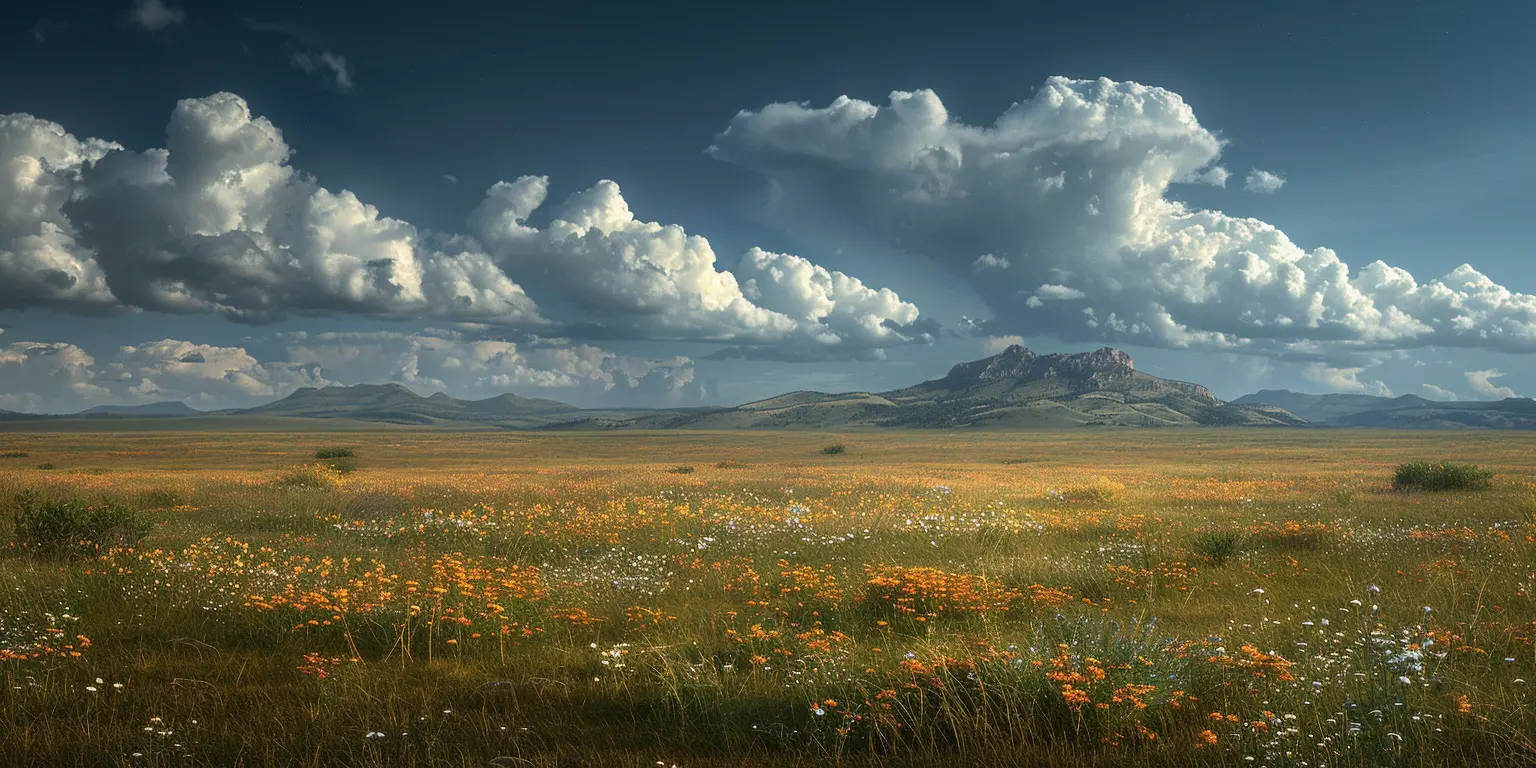 Golden prairie waves, azure sky with wispy clouds, solitary butte silhouetted against crimson sunset - pristine natural beauty.