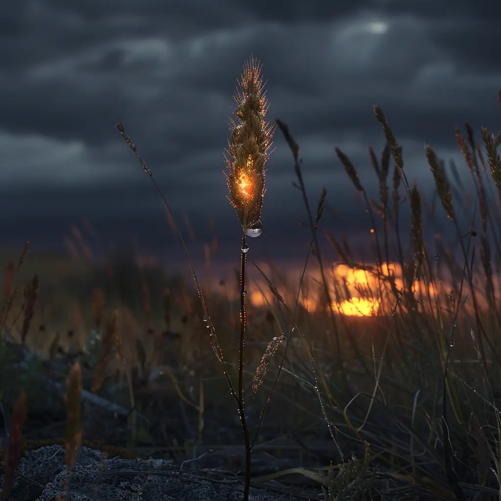 Prairie grass blade with a glistening raindrop, refracting sunlight into a rainbow, against a blurred grassy background
