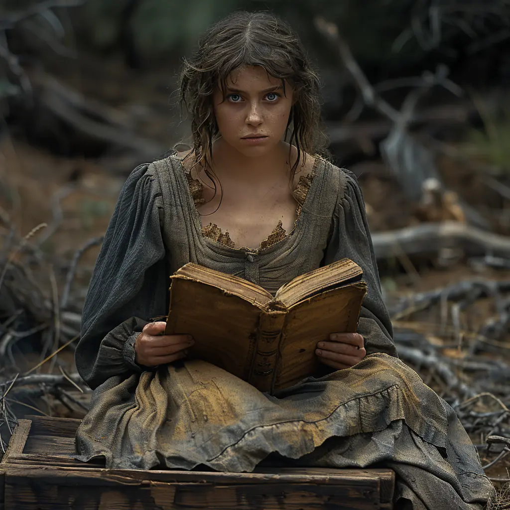 Old, open Bible on wooden crate with fabric bookmark, pages fluttering in prairie wind. Signs of wear and frequent use.