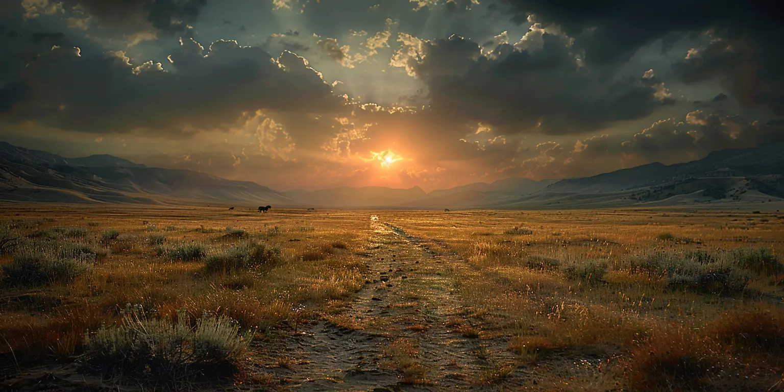 Sun-scorched prairie with Oregon Trail, distant wagon train, golden grass, and mountains on the horizon at sunset