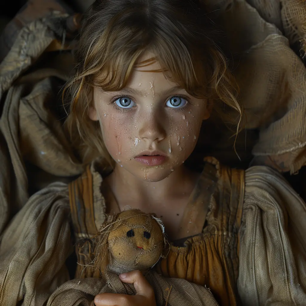 Tearful young girl in wet pioneer dress, clutching rag doll. Haunted eyes show fear and hope. Blanket on shoulders.