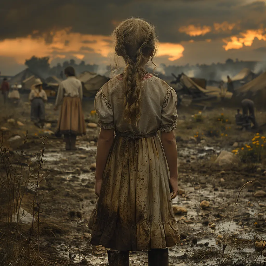 Bird's-eye view of wagon train crossing vast prairie at sunset, with young girl standing alone in foreground.