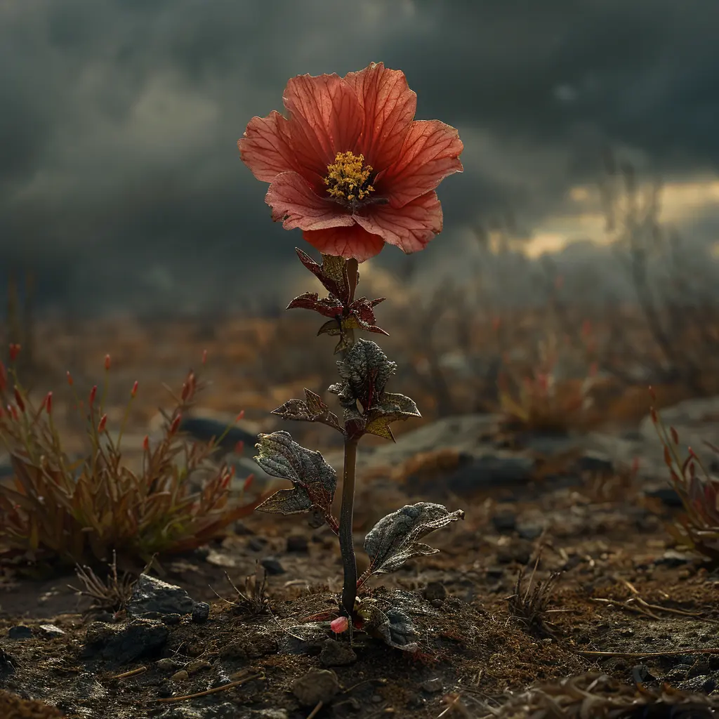 Vibrant wildflower standing alone in a dusty prairie, symbolizing hope and resilience in a harsh frontier landscape.