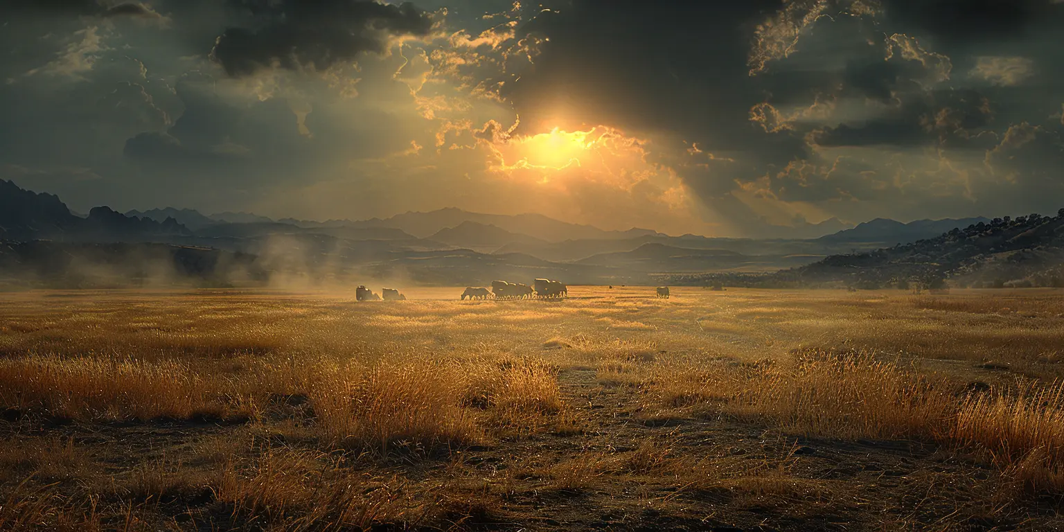 Prairie landscape with wagon train crossing, golden grasses swaying, distant mountains on horizon.