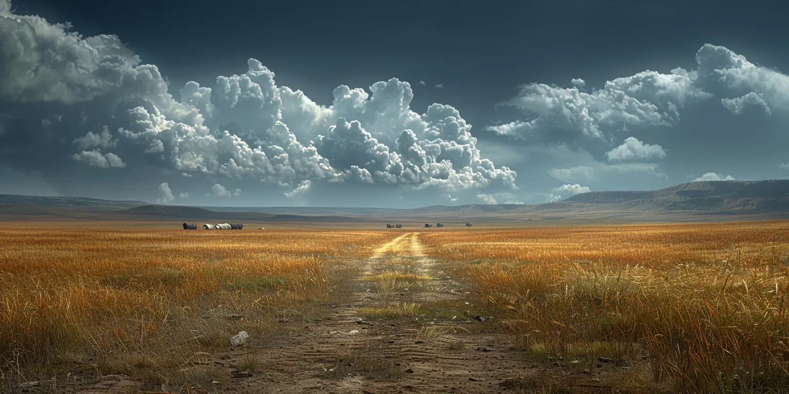 Golden prairie with Oregon Trail wagon ruts. Distant covered wagons traverse horizon under blue sky with wispy clouds.