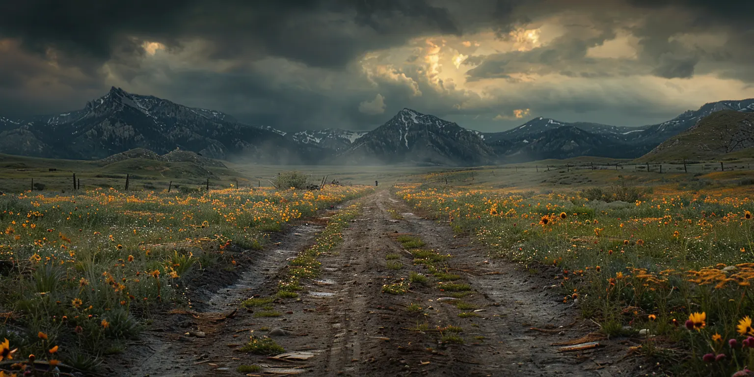 Trail through rugged mountains, setting sun glow on hills, distant storm clouds foreshadowing challenges for travelers.<br>