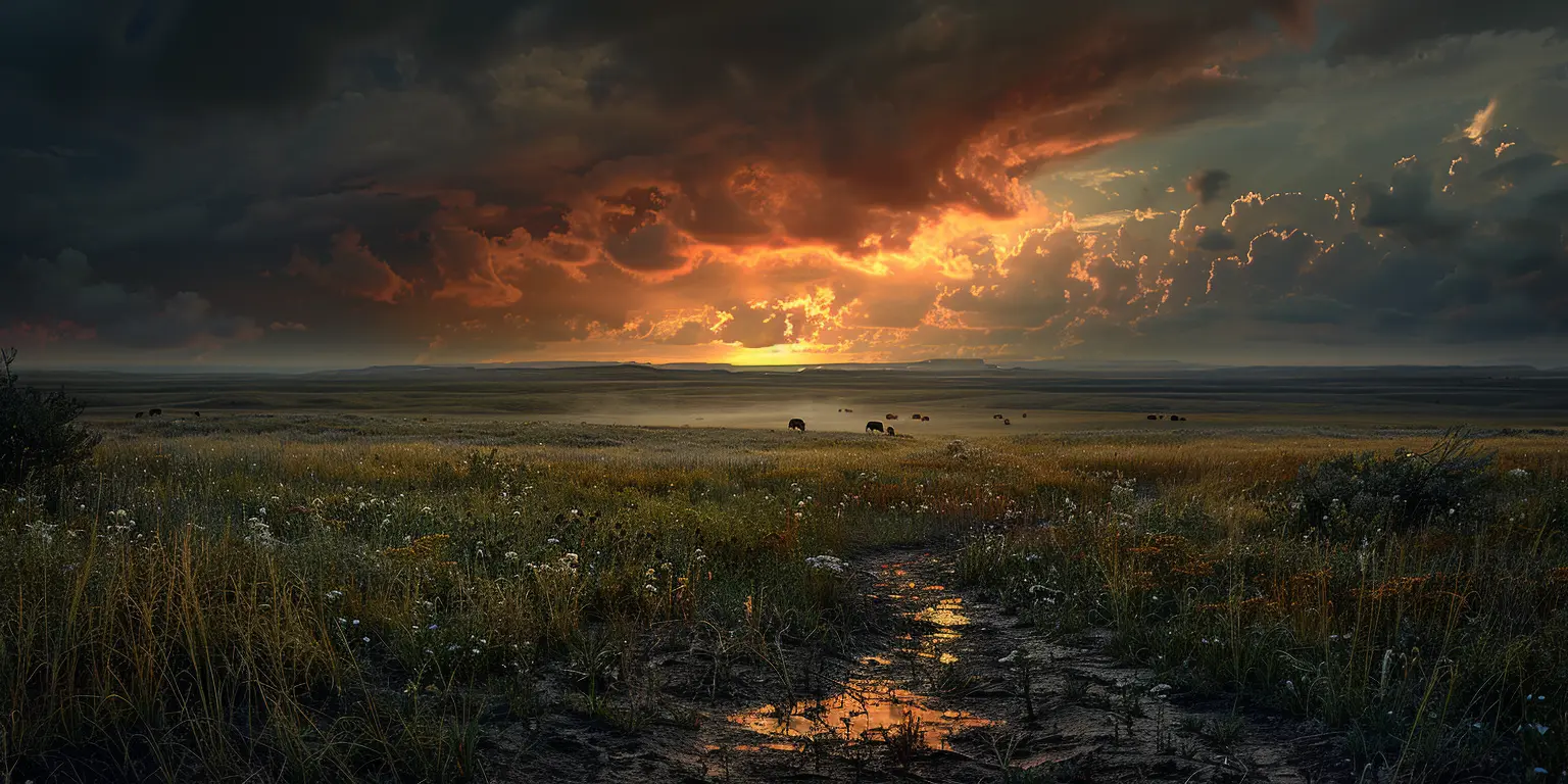 Sunrise over vast prairie with golden grass, wagon trail, and distant buffalo herd grazing against colorful sky.