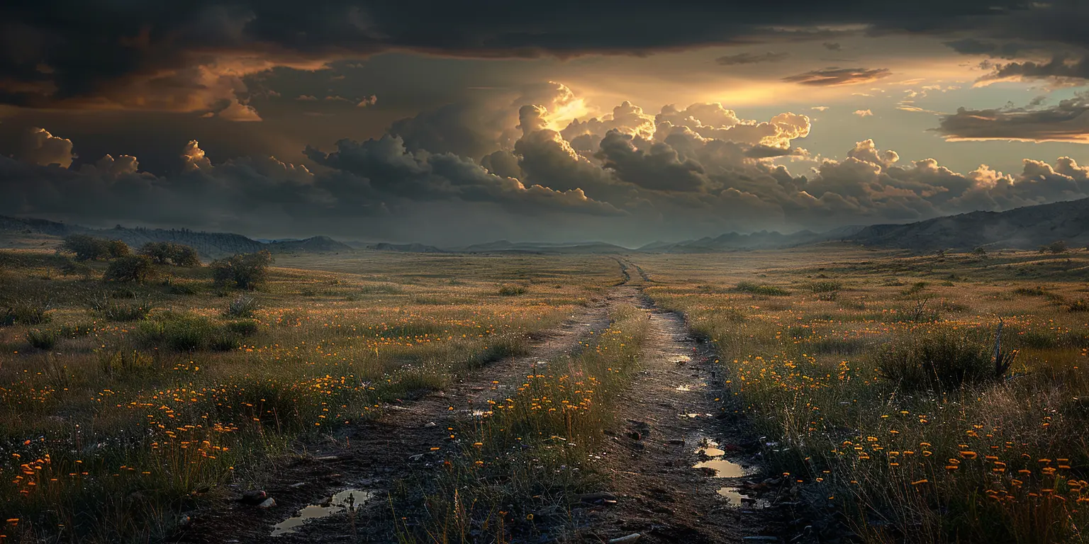 Sunset over vast prairie with Oregon Trail winding through. Distant stream glints in fading light.