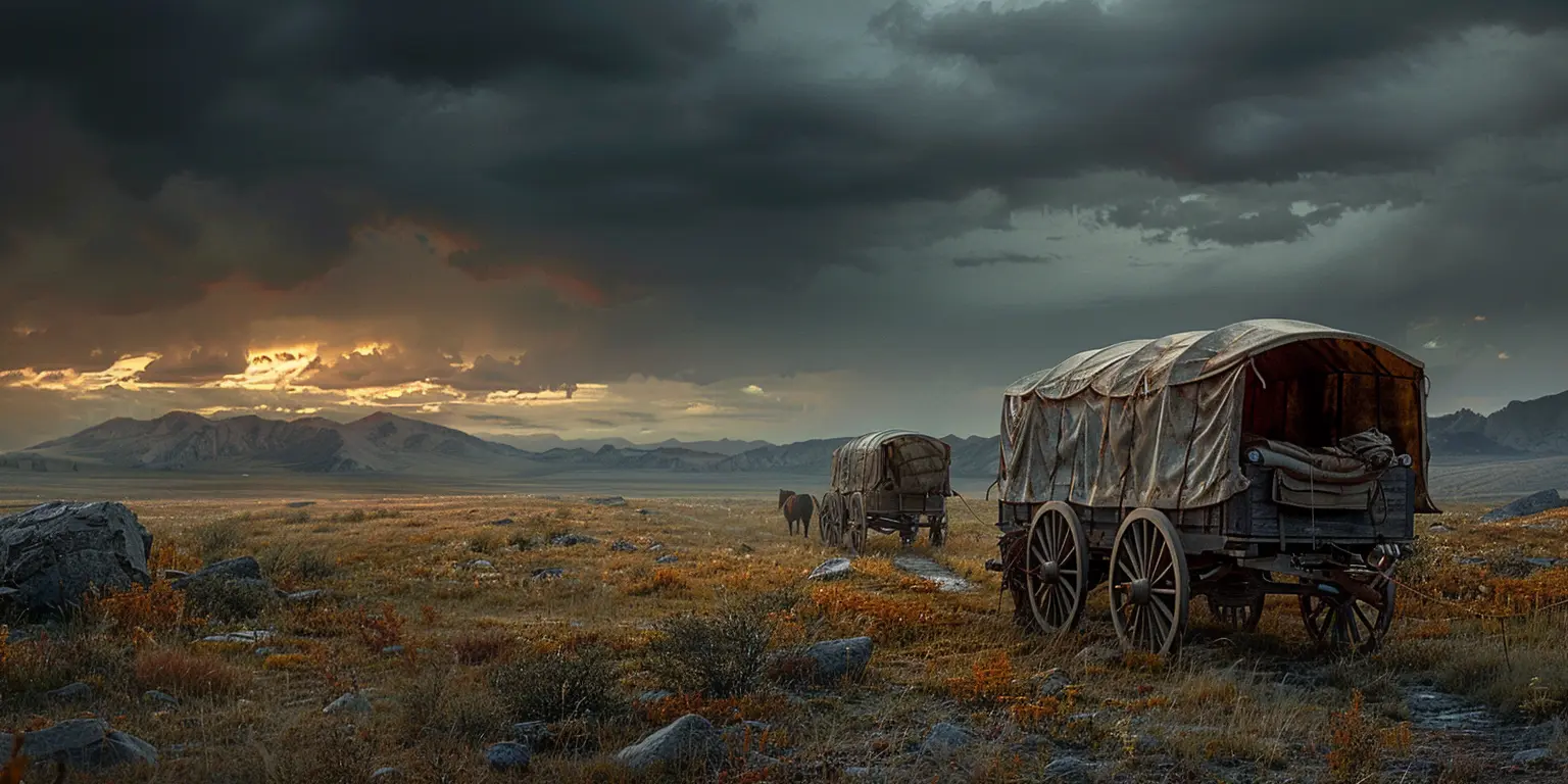 Wagon train crossing vast prairie at sunset, golden light illuminating grasslands, distant hills and mountains visible