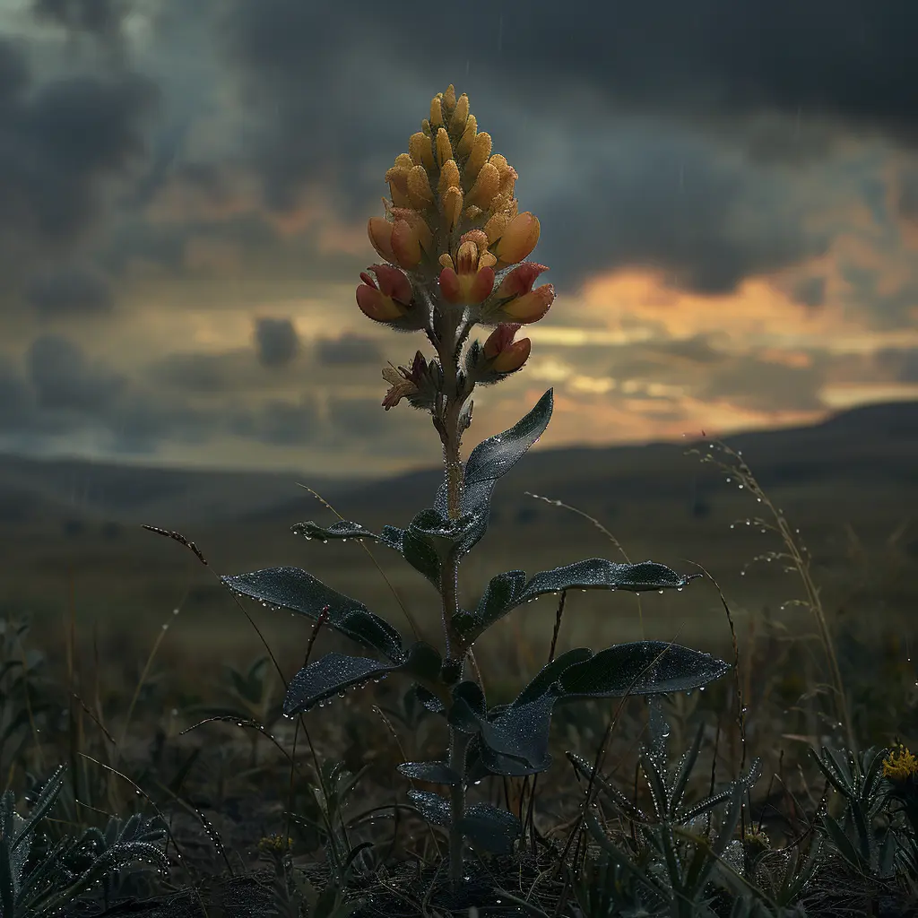 Lone wildflower in prairie grass at sunset, dewdrops on leaves, symbolizing young Sarah's journey westward