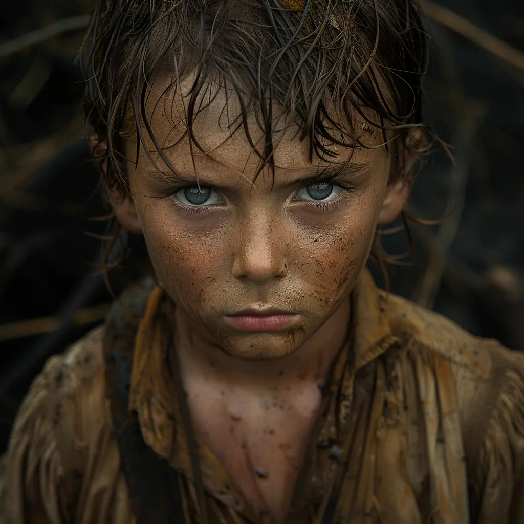 Exhausted 10-year-old boy on Oregon Trail, close-up of face showing weary eyes and dusty, worn appearance