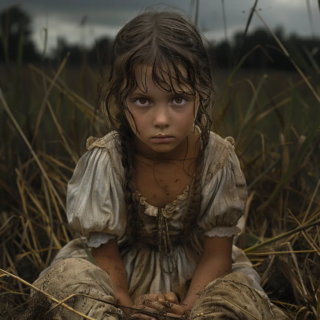 Young girl in prairie dress, crying amidst tall grasses, clutching knees - heartbroken orphan longing for lost parents.