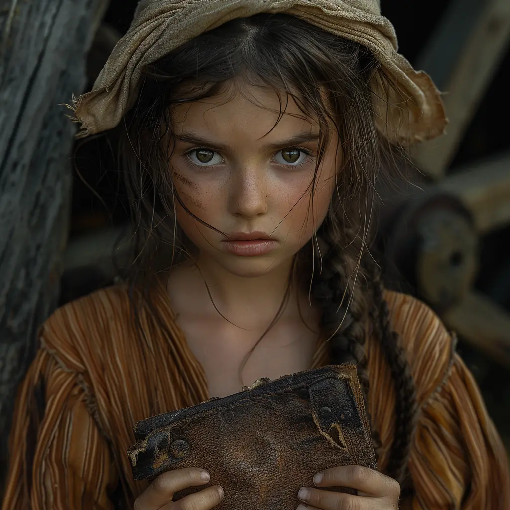 Young girl with hopeful expression clutches journal, standing by covered wagon, wearing calico bonnet.