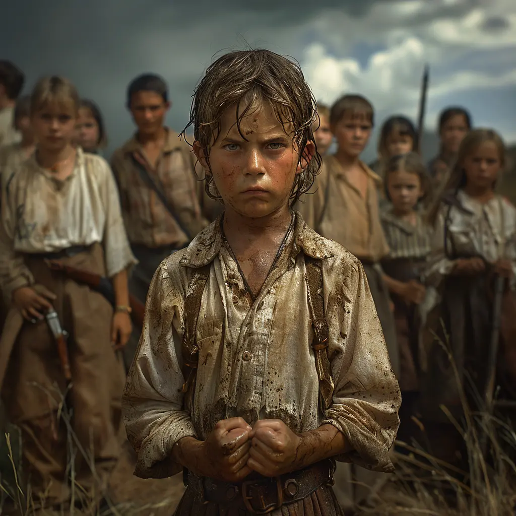 Young scowling boy kicks pebbles on dusty trail, sweat on brow, resentful of long Oregon Trail journey ahead at 12 years old.