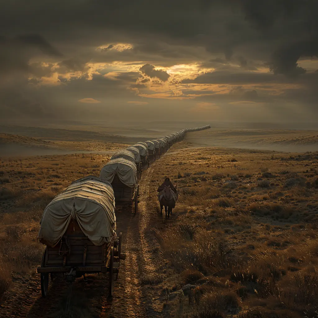 Aerial view of wagon train crossing vast prairie, one wagon lagging behind, hiding a small, anxious figure inside.