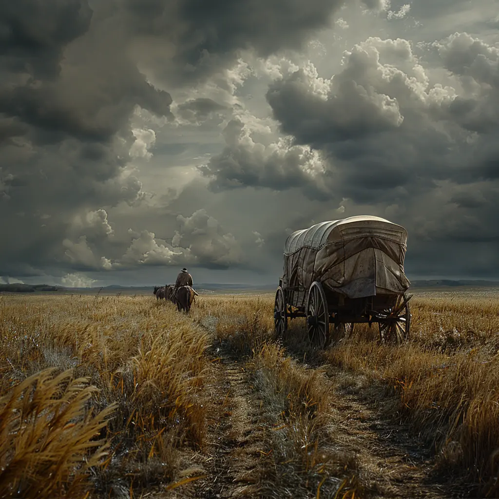 Three perspectives on a wagon train's arduous journey west: the endless prairie, a pioneer, and the trail boss's vigilance.