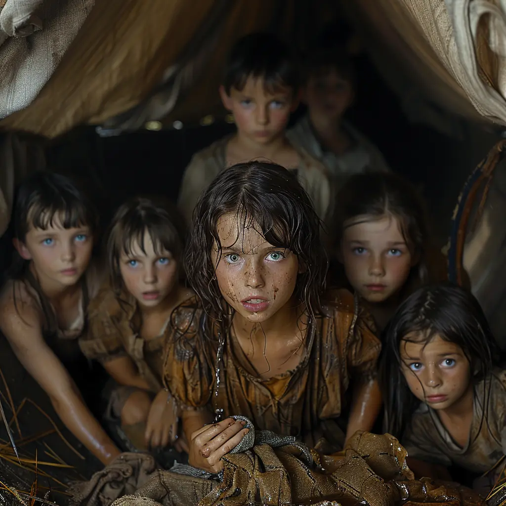 Aerial view: Wagon tiny against vast prairie. Young girl sits on edge, looking small and uncertain.
