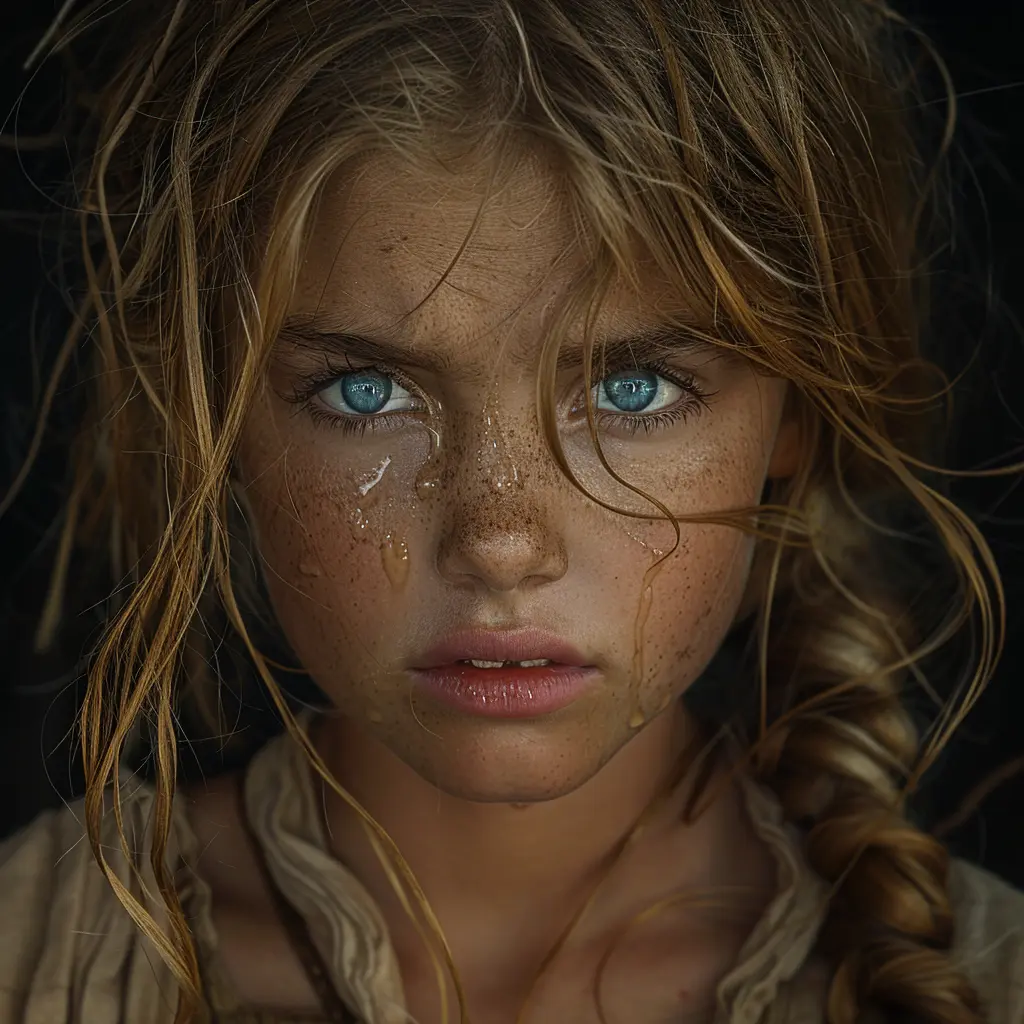 Tearful young girl with tangled blonde hair and red-rimmed blue eyes, looking weary on the Oregon Trail.