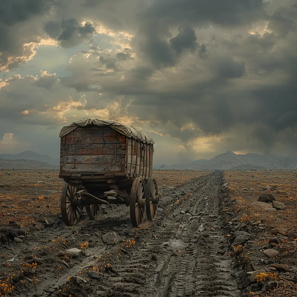 Weathered wagon on rutted trail stretches toward untamed western horizon, promising new beginnings.