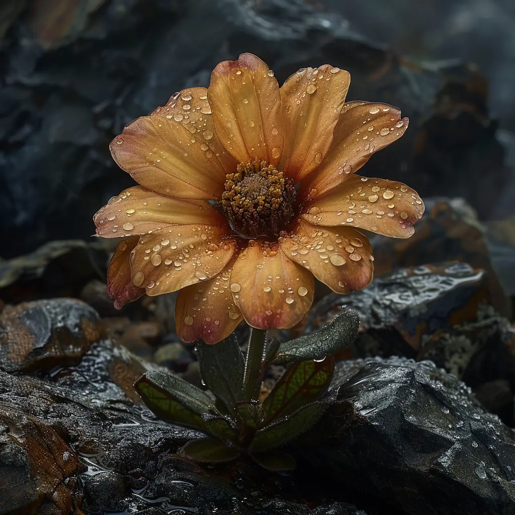 Wildflower blooms defiantly on rocky trail, droplets reflecting pioneer Sarah's resilient spirit through challenges.