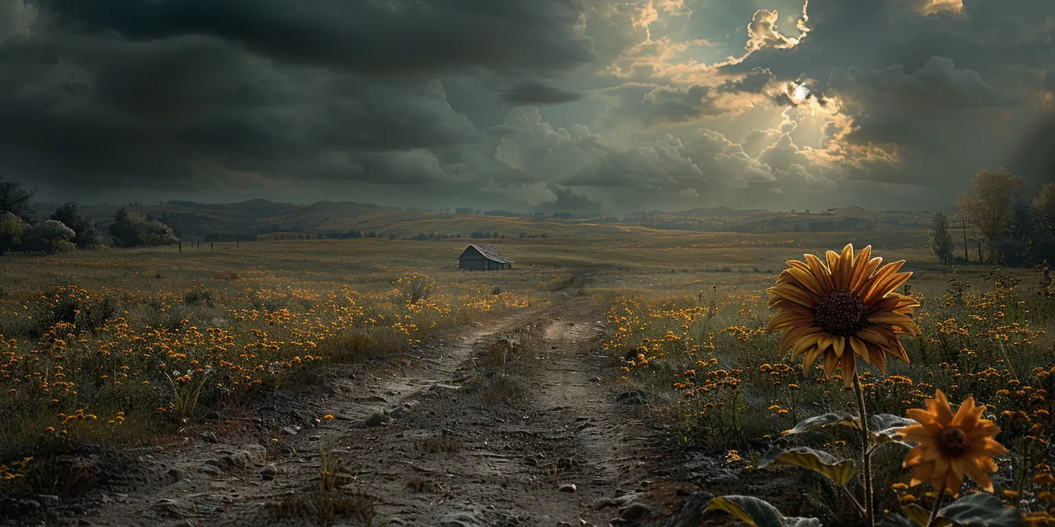 Vast sun-drenched prairie with endless golden grasslands, distant hills, and a well-worn wagon trail in the foreground.
