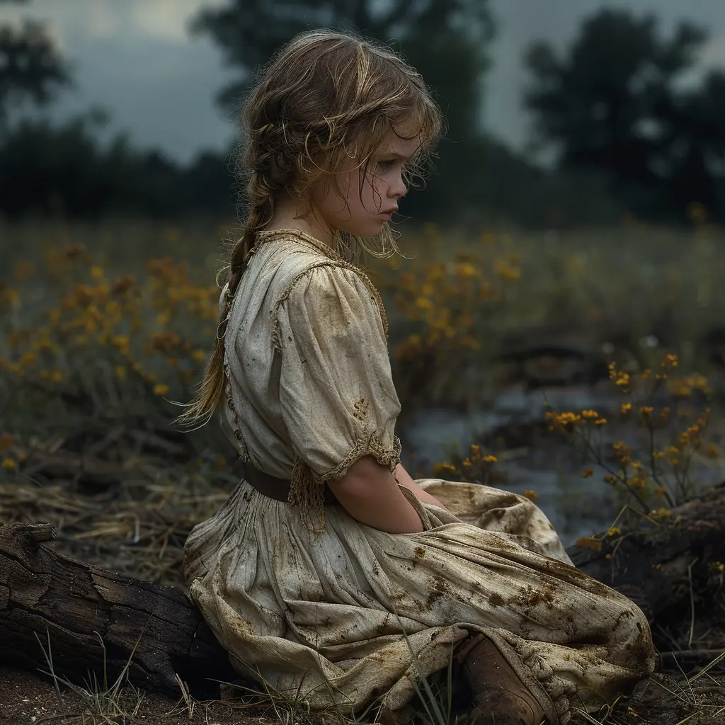 Young girl Sarah sits sobbing on fallen log, tattered dress and sorrowful eyes betray hardships of Oregon Trail and lost childhood.