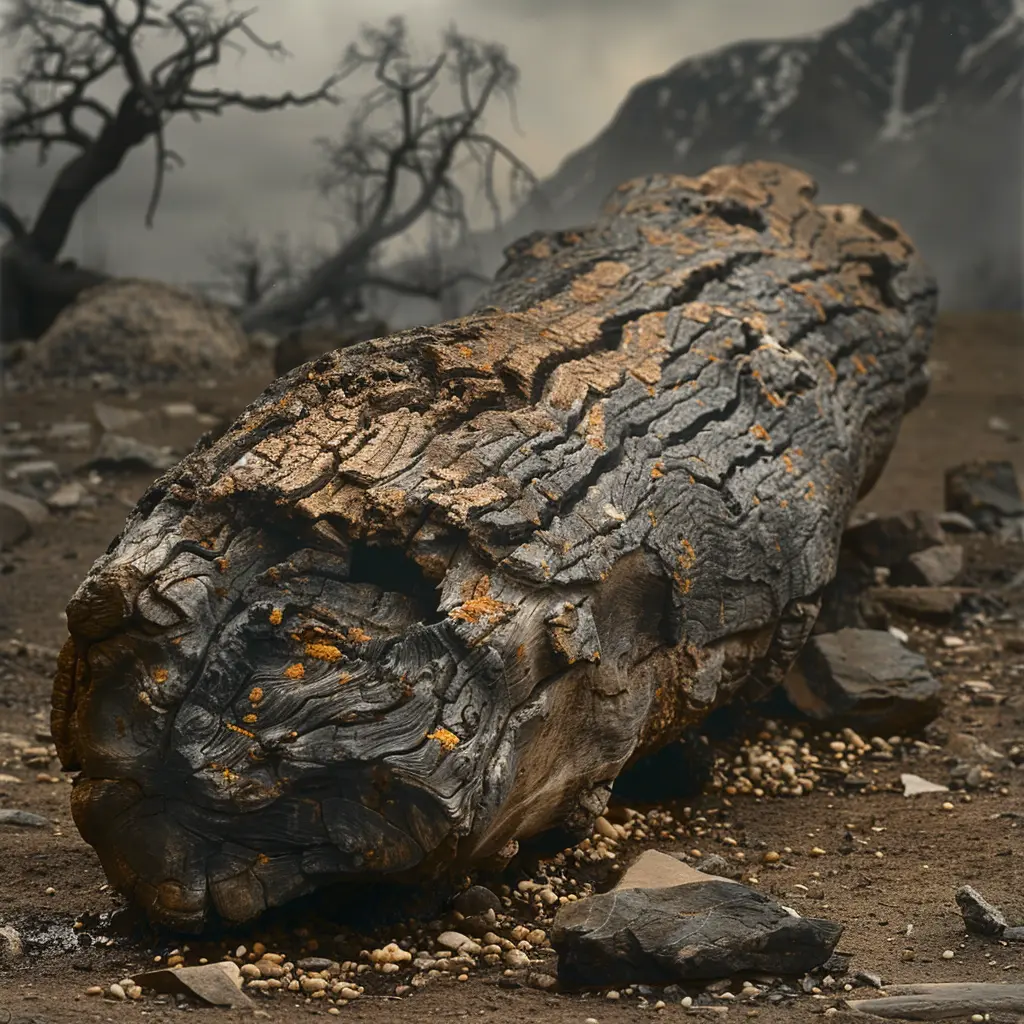 Gnarled branch, dusty trail, bark stripped, tiny pebbles, weary travelers, defiant green shoots promising life despite harsh journey.